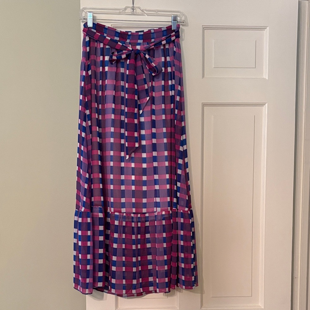 Ann Taylor Factory Checkered A-Line Skirt in Pink and Blue